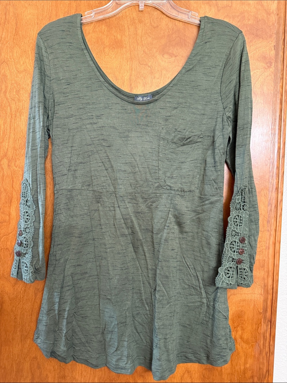 Lily Rose Olive Green Scoop Neck Tunic with Crochet Bell Sleeves